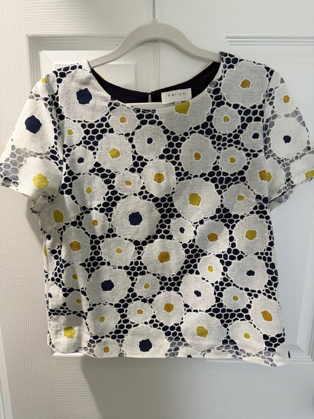 Anthropologie Harlyn Navy and White Floral Eyelet Short Sleeve Blouse